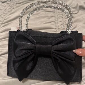 NWT Black Bow Ribbon Coquette Handbag w/ Silver Rhinestone Handle